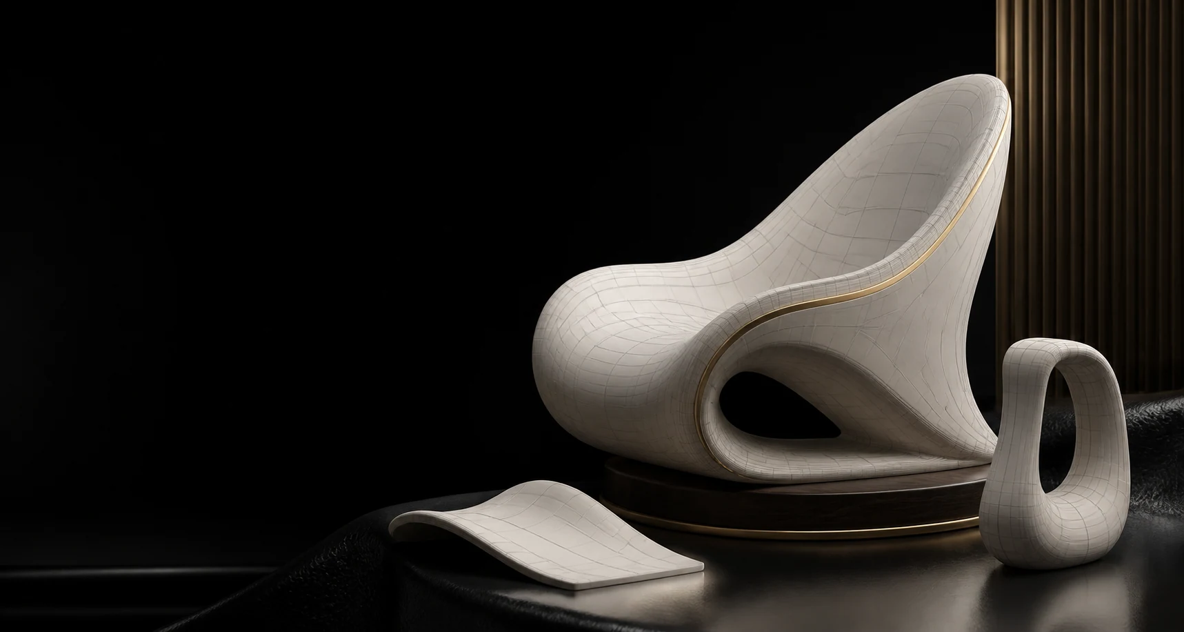 3D 建模 / 3D Modeling - premium curved product and furniture model with topology lines and gold accents