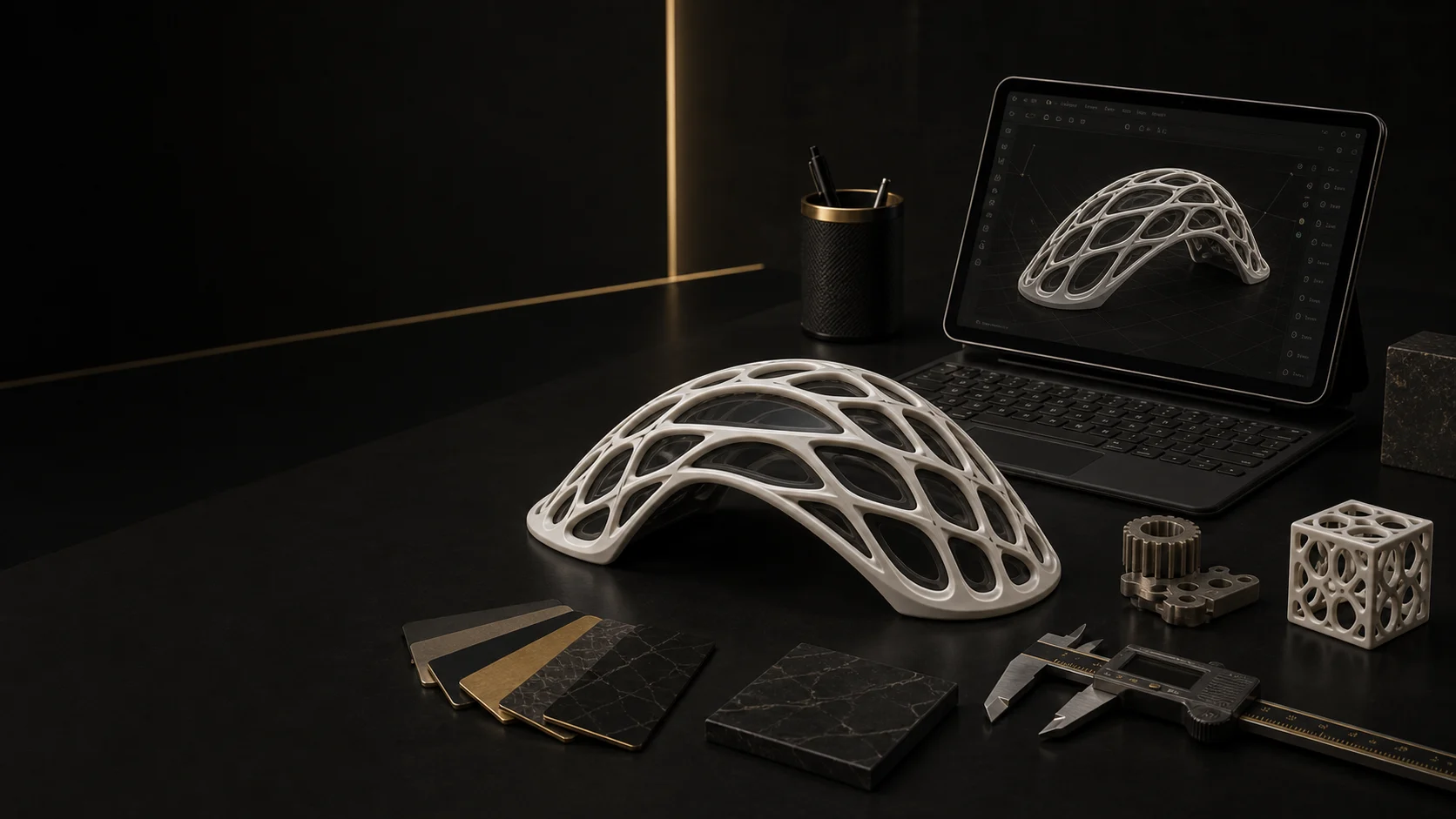 Form Studio 3D 聯絡頁主視覺 - 黑金風格 3D 設計諮詢桌面與產品原型