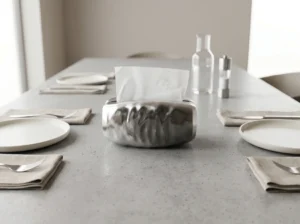 餐桌中央的金屬波紋面紙盒